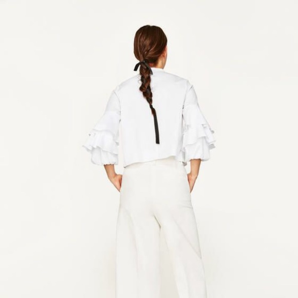 NWT Zara Tiered Ruffle Sleeve High Neck Blouse - Picture 2 of 7